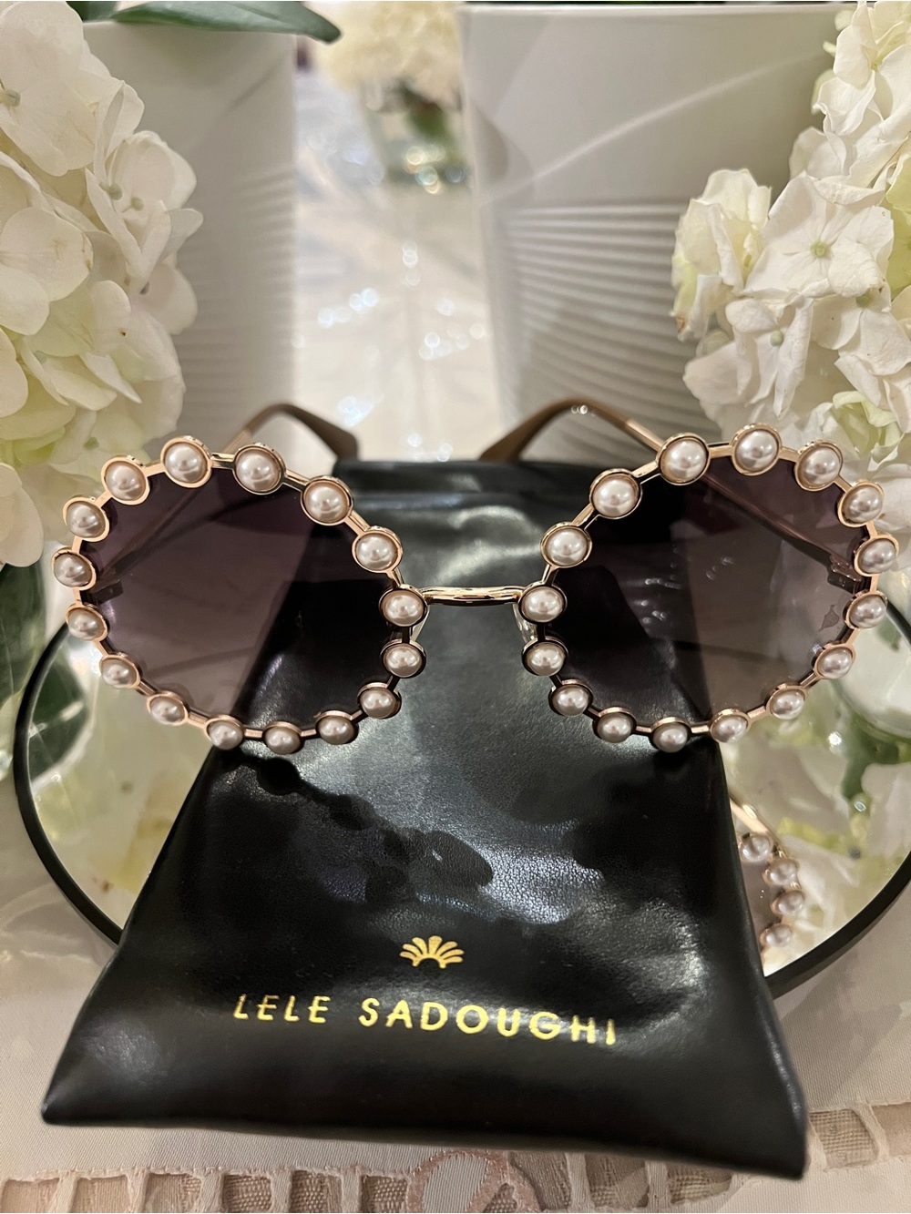Lele Sadoughi Pearl Elton Round Sunglasses w/ Pouch